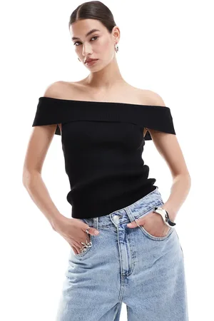 Monki Top con escote Bardot plegado de canalé de