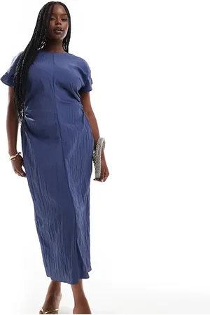 ASOS Vestido midi azul lavado con mangas de casquillo y aberturas laterales y trasera de ASOS DESIGN Curve
