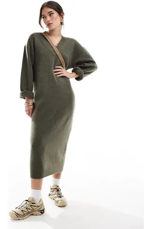 ASOS Vestido semilargo con cuello de pico de punto de -Verde
