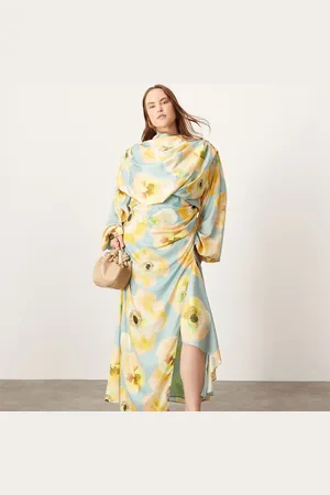 ASOS Vestido midi con estampado floral grande y mangas voluminosas estilo blusón de satén de Curve-Multicolor