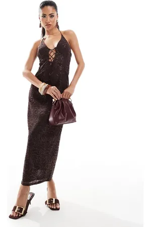 ASOS Vestido midi marrón escotado de encaje con detalle tipo corsé, detalle de cordones y adornos de lentejuelas transparentes de