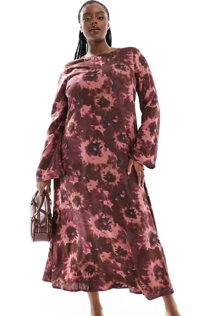 ASOS Vestido midi rojo con cuello barco, detalle de pico en la espalda y estampado floral difuminado de viscosa de ASOS DESIGN Curve-Multicolor