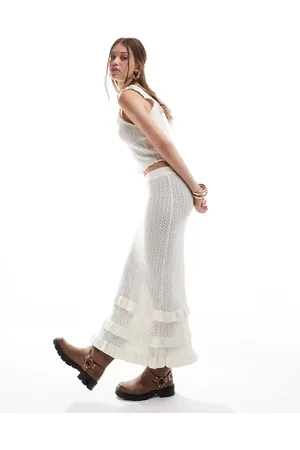 Miss Selfridge Falda larga color con detalle de volantes de croché de (parte de un conjunto)-Blanco