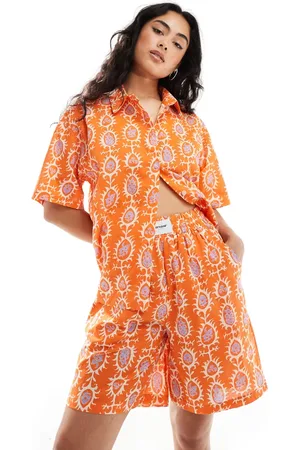 Sixth June Pantalones cortos naranjas estampados de lino de (parte de un conjunto)