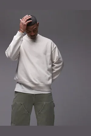 Topman Sudadera color extragrande con cuello redondo de mezcla de lino de -Beis neutro