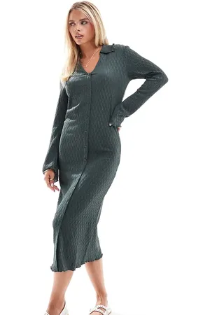 VILA Vestido midi verde con cuello abierto y botones delanteros de tejido texturizado de