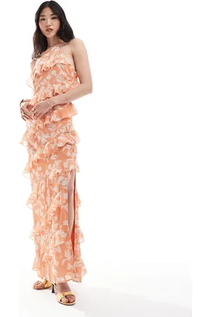 Pretty Lavish Vestido largo color terracota con estampado floral, cuello halter y volantes de -Multicolor
