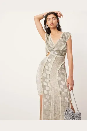 ASOS Vestido midi asimétrico con diseño dividido, bordes sin rematar y abalorios de