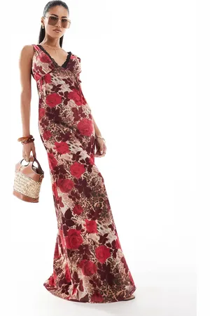 ASOS Vestido lencero de malla con estampado de flores y leopardo y ribete de encaje en contraste de -Multicolor