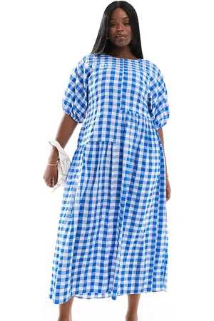 ASOS Vestido midi a cuadros vichy azules asimétrico estilo camiseta de ASOS DESIGN Curve-Multicolor