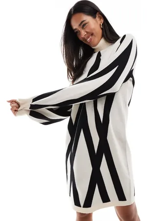 Object Vestido color crema estilo jersey con cuello alto y estampado de punto de -Multicolor