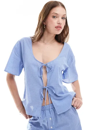 Luna Top de pijama a cuadros vichy azules de manga corta con lazada delantera de (parte de un conjunto)