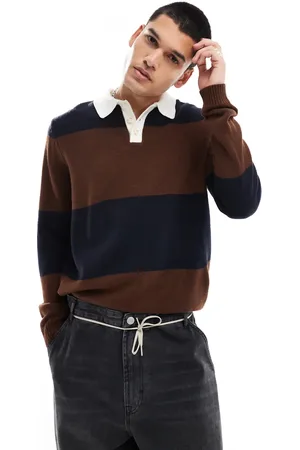 ASOS Polo a rayas azul marino y marrones de estilo rugby de canalé de