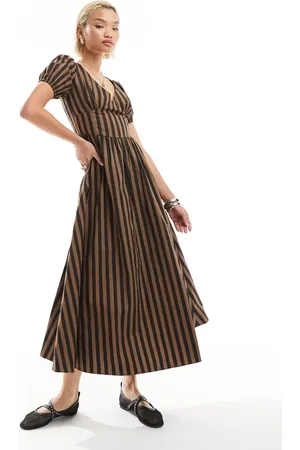 Glamorous Vestido largo negro y marrón chocolate a rayas de estilo romántico con mangas abullonadas y cuello de pico de -Multicolor