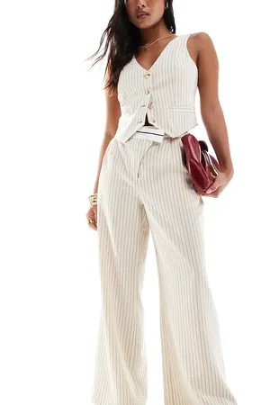 Extro & Vert Petite Pantalones de sastre color con raya diplomática y cinturilla asimétrica de (parte de un conjunto)-Beis neutro