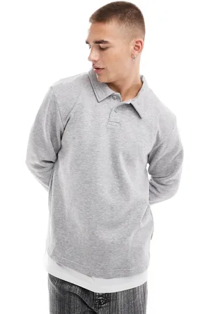 JACK & JONES Sudadera gris jaspeado extragrande con cuello tipo polo de