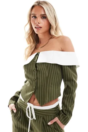 Extro & Vert Petite Top corsetero largo a rayas estilo americana con escote palabra de honor de (parte de un conjunto)-Verde