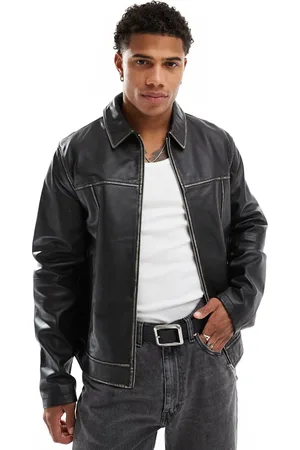 ASOS Chaqueta Harrington negra con acabado desgastado de cuero auténtico premium de