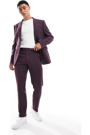 ASOS Pantalones de traje de corte slim con patrón de espiga de lana de Wedding-Rojo
