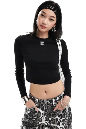 HUGO BOSS Camiseta negra de manga larga con diseño encogido de