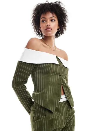 Extro & Vert Tall Top corsetero caqui a rayas estilo americana con escote palabra de honor de (parte de un conjunto)-Verde