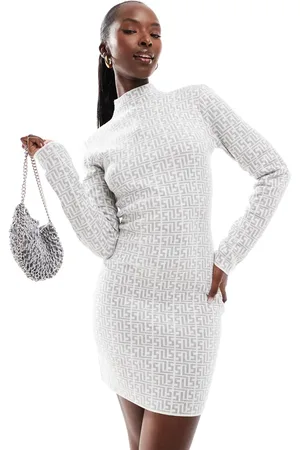 Simmi London Vestido corto gris con cuello alto y estampado geométrico de punto de SIMMI-Blanco