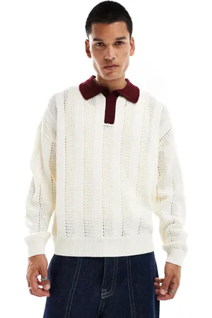 ASOS Polo color de corte cuadrado extragrande con solapas burdeos de canalé de -Rojo