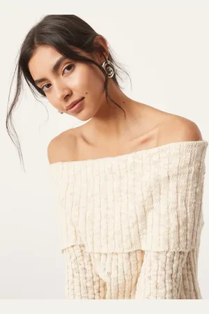 ASOS Top color de manga larga con escote Bardot en capas de punto de (parte de un conjunto)-Blanco