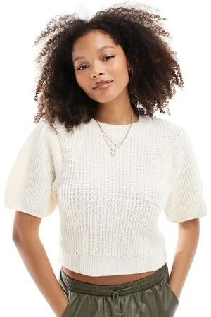ASOS Jersey color de manga corta con cuello redondo de punto de -Blanco