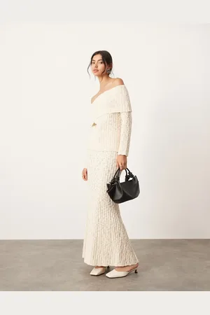 ASOS Falda larga color de corte amplio de punto de (parte de un conjunto)-Blanco