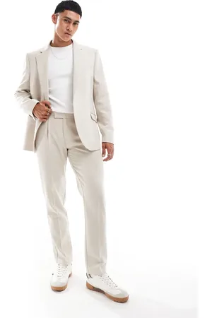 ASOS Pantalones de traje color de corte slim con patrón de espiga de mezcla de lana de -Beis neutro