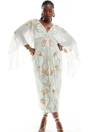 ASOS Vestido midi con diseño floral de abalorios y detalle de capa de ASOS DESIGN Curve