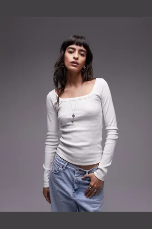 Topshop Top color de manga larga con escote cuadrado de -Blanco