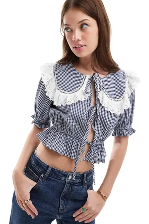 Miss Selfridge Blusa a cuadros vichy monocromáticas con solapas y lazadas delanteras de -Negro