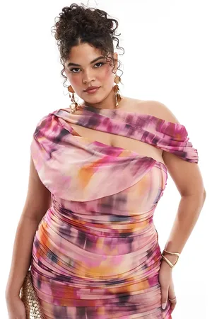 ASOS Vestido midi fruncido con escote Bardot y estampado difuminado de malla de ASOS DESIGN Curve-Multicolor