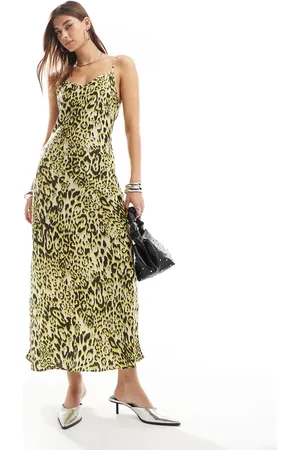 AllSaints Vestido midi con estampado de leopardo de satén Bryony de -Verde
