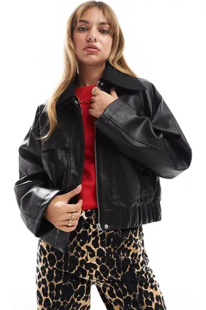 ASOS Chaqueta bomber negra de tejido efecto cuero con solapas de punto de