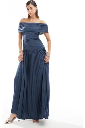 Lioness Vestido largo plisado con escote Bardot fruncido y cintura baja de punto de