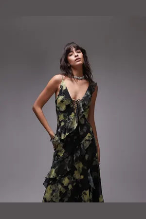 Topshop Vestido lencero largo verde y amarillo con estampado floral y volantes de