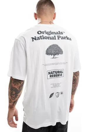 JACK & JONES Camiseta blanca extragrande con estampado trasero "National Parks" de