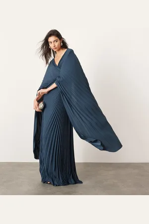 ASOS Vestido largo color cerceta plisado con mangas acampanadas y detalle retorcido de -Azul