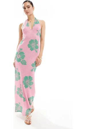 ASOS Vestido semilargo con estampado de flores de hibisco y cuello halter de croché de -Blanco