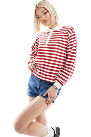 Daisy Street Sudadera a rayas rojo cereza de corte cuadrado estilo rugby de