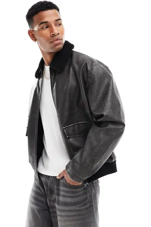 ASOS Chaqueta de aviador negra de cuero sintético efecto desgastado con cuello de borreguito de