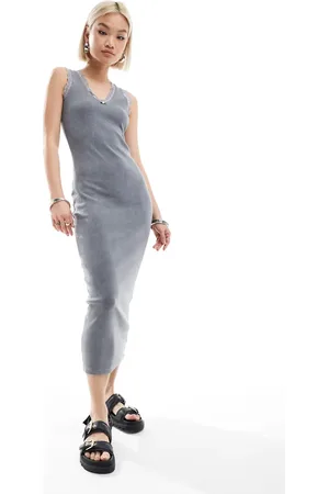 Daisy Street Vestido midi con cuello alto de canalé con ribete de encaje y detalle de flor de