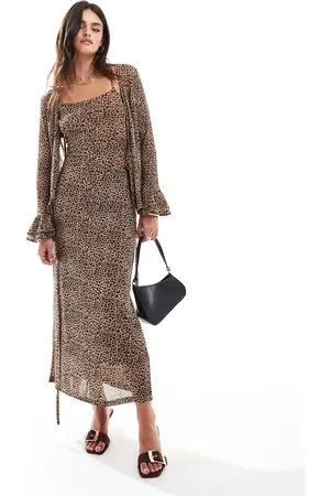 Never Fully Dressed Vestido semilargo con estampado de leopardo de malla de (parte de un conjunto)-Marrón