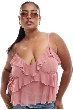 ASOS Top rosa polvoriento de tirantes con volantes de malla de ASOS DESIGN Curve