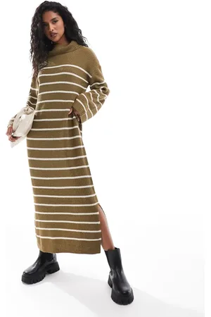VILA Vestido largo verde oliva a rayas con cuello alto de punto de