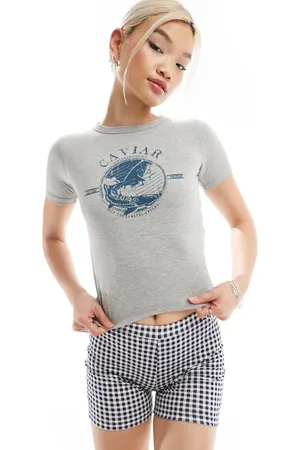 Daisy Street Camiseta gris jaspeado entallada con diseño encogido y estampado gráfico vintage de -Azul marino