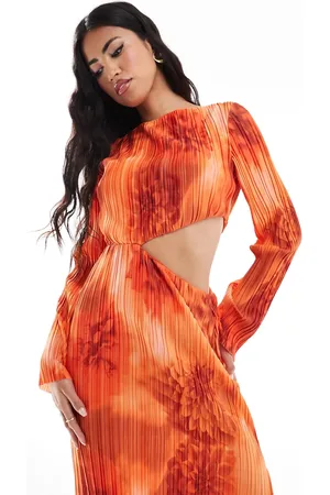 ASOS Vestido largo naranja plisado de manga larga con estampado floral y detalle de abertura de -Multicolor
